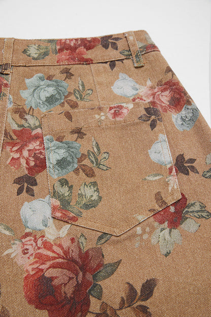 Floral Print Patch Pocket High Rise Straight Leg Pants Without Belt