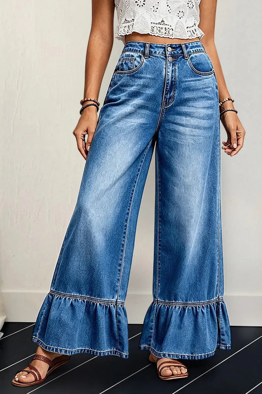 Wash Ruffle Hem High Waist Wide Leg Jeans