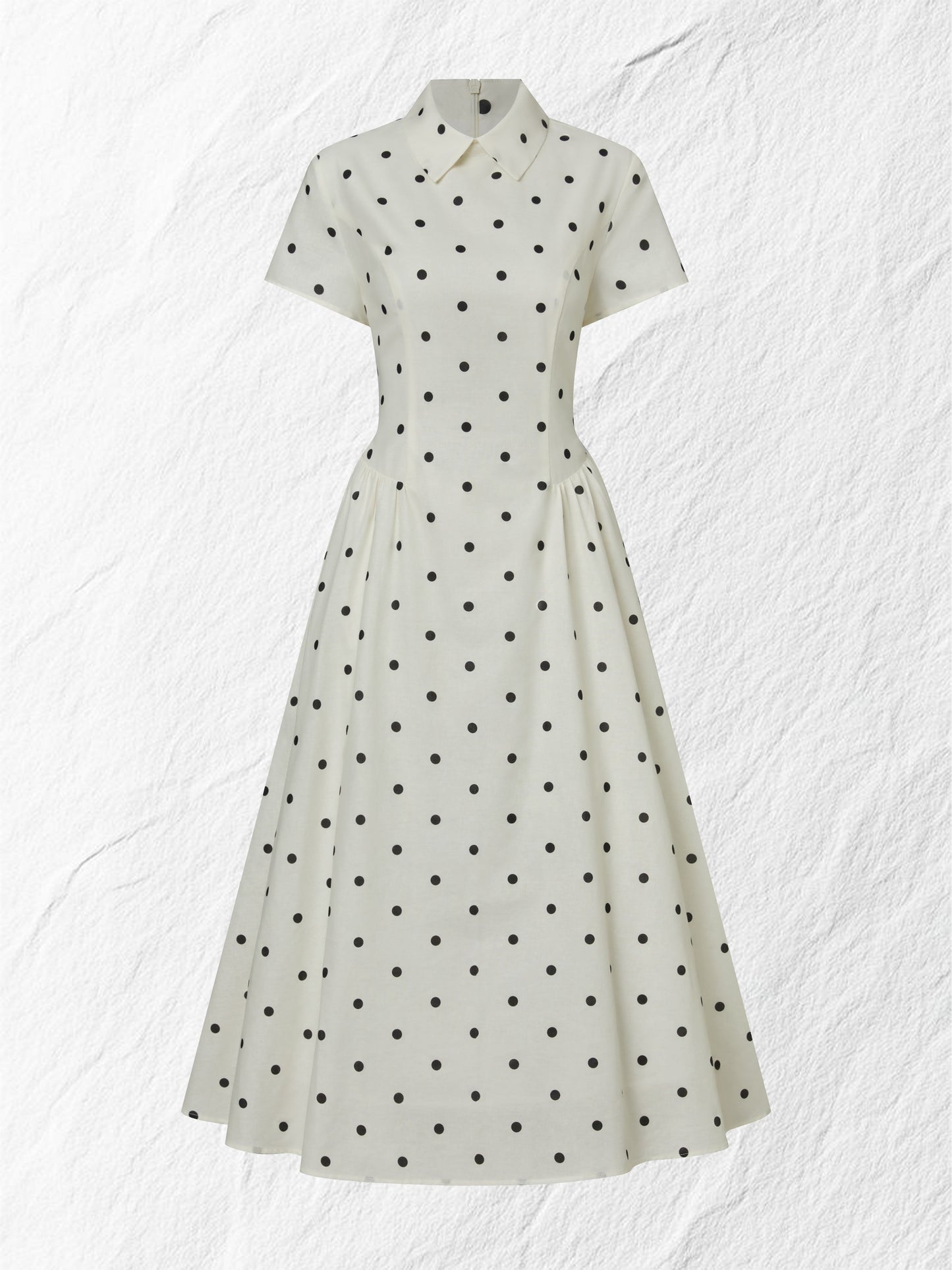 Robe longue en lin, manches courtes, col châle, pois, esprit vintage français, blanc cassé