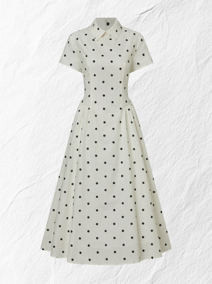 Robe longue en lin, manches courtes, col châle, pois, esprit vintage français, blanc cassé