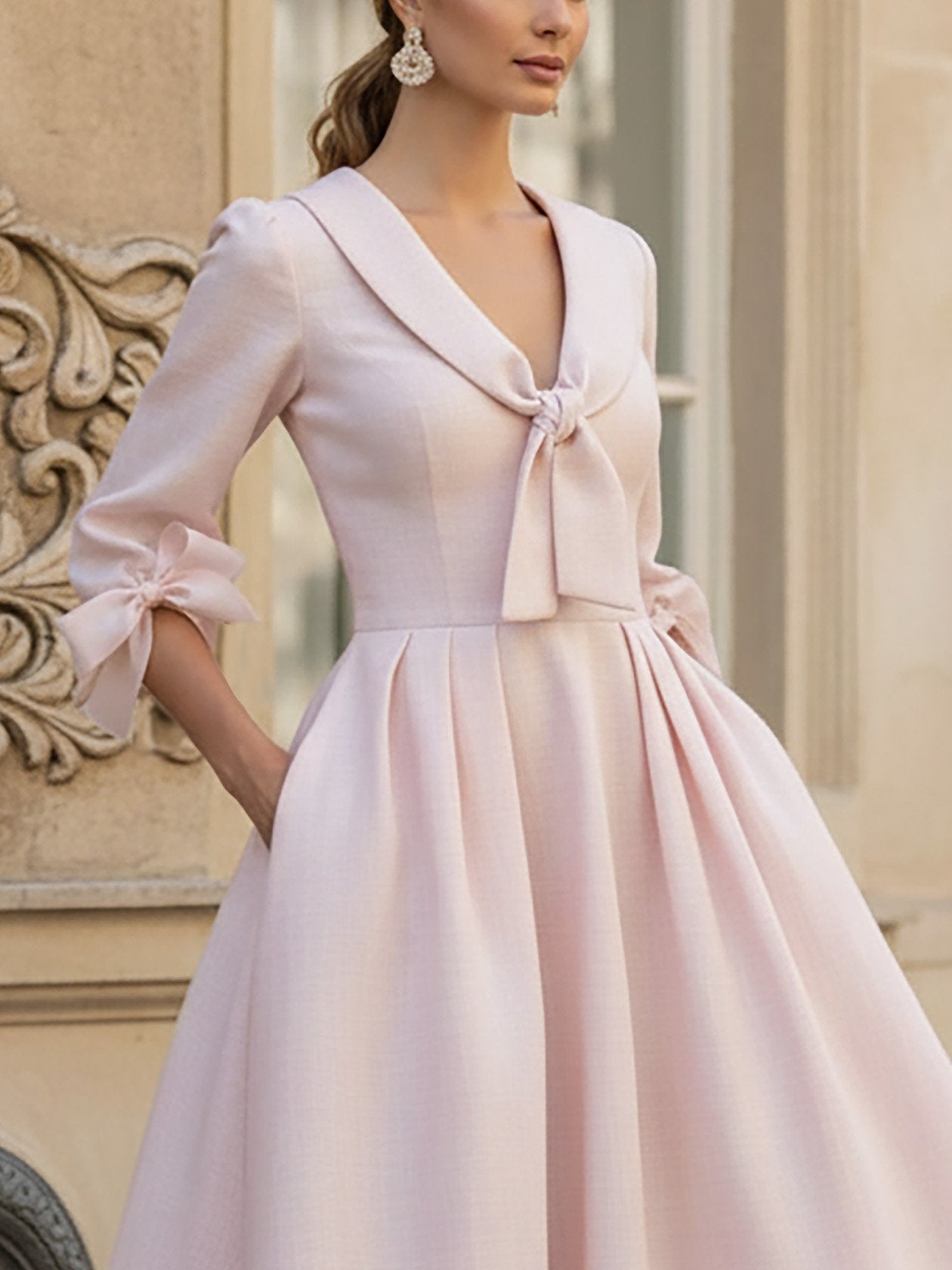Robe midi en lin, manches courtes, col en V, unie, poches, style vintage français, rose clair