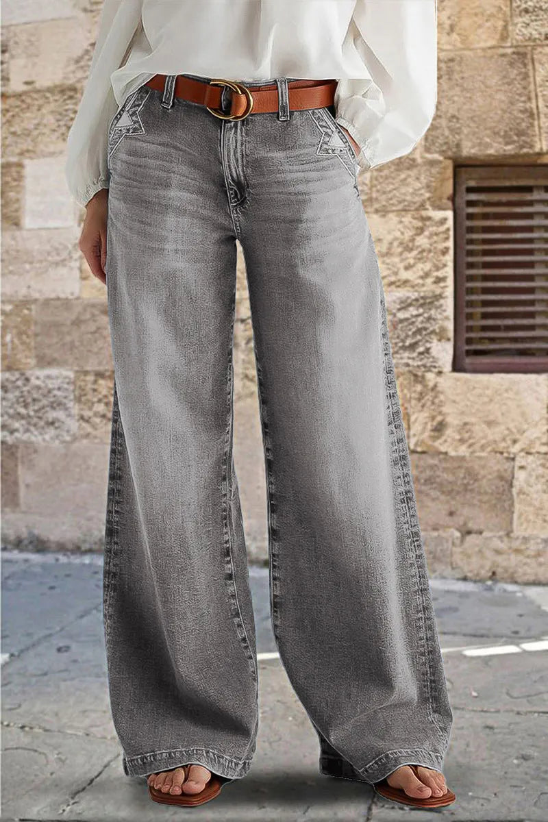 Wash Stitch Decor Wide Leg Mid Rise Jeans Without Belt