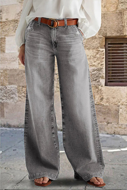 Wash Stitch Decor Wide Leg Mid Rise Jeans Without Belt