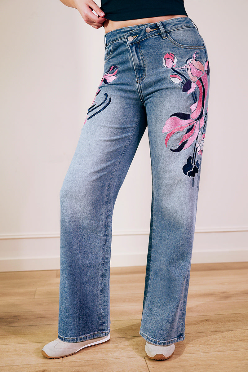 Wash Artistic Embroidery Dual Button Wrap Mid Waist Straight Leg Jeans