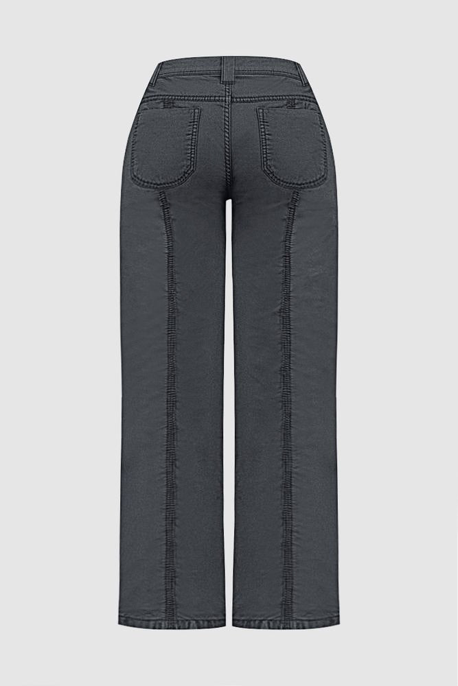 Solid Stitch Detail Mid Rise Straight Leg Cargo Pants Without Belt