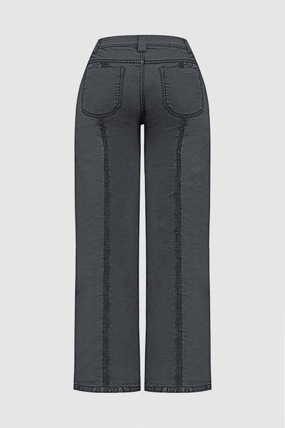 Solid Stitch Detail Mid Rise Straight Leg Cargo Pants Without Belt