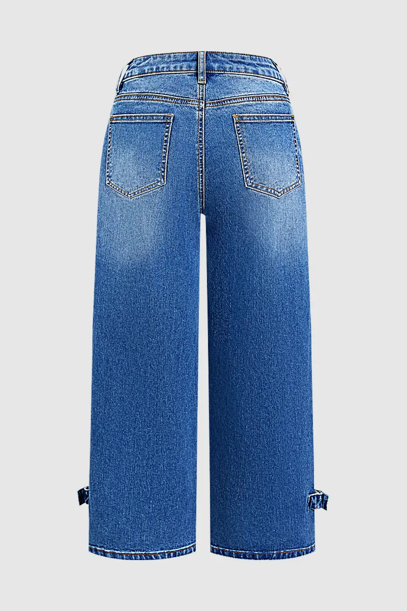Wash Buckle Hem Mid Rise Wide Leg Crop Jeans