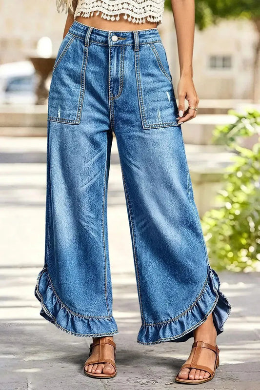 Wash Ripped Ruffle Hem High Rise Wide Leg Jeans