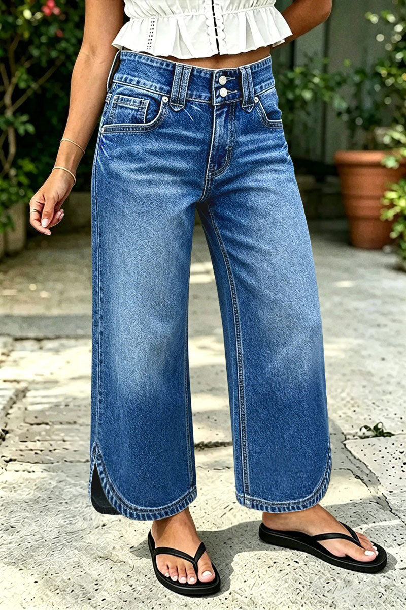 Wash Split Hem Dual Button Mid Rise Wide Leg Jeans