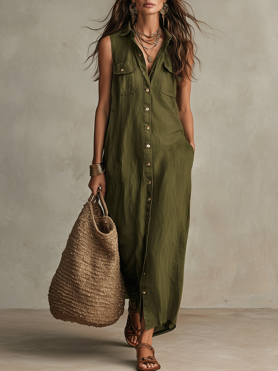 Robe-chemise longue boutonnée bohème olive sans effort