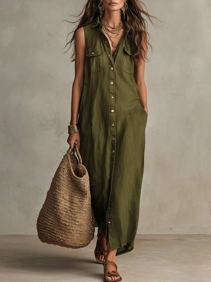 Robe-chemise longue boutonnée bohème olive sans effort