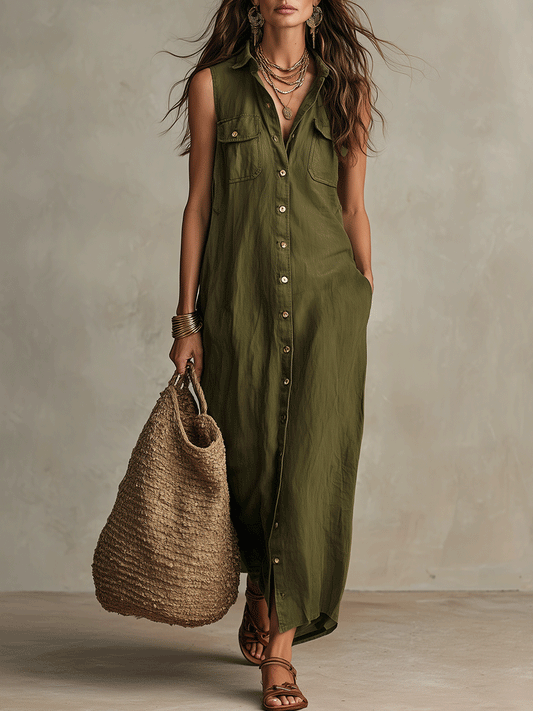 Robe-chemise longue boutonnée bohème olive sans effort