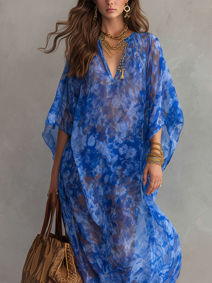 Robe longue fluide style bohème à imprimé floral bleu