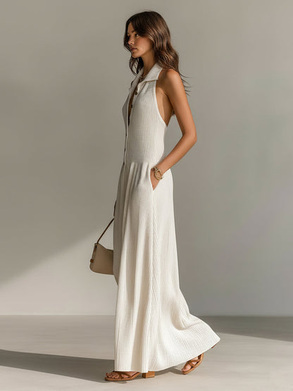 Chic Elegant Cream White Lapel Collar Button-Front Sleeveless Tailored Waist Loose-Fit Ribbed Knit Maxi Dress