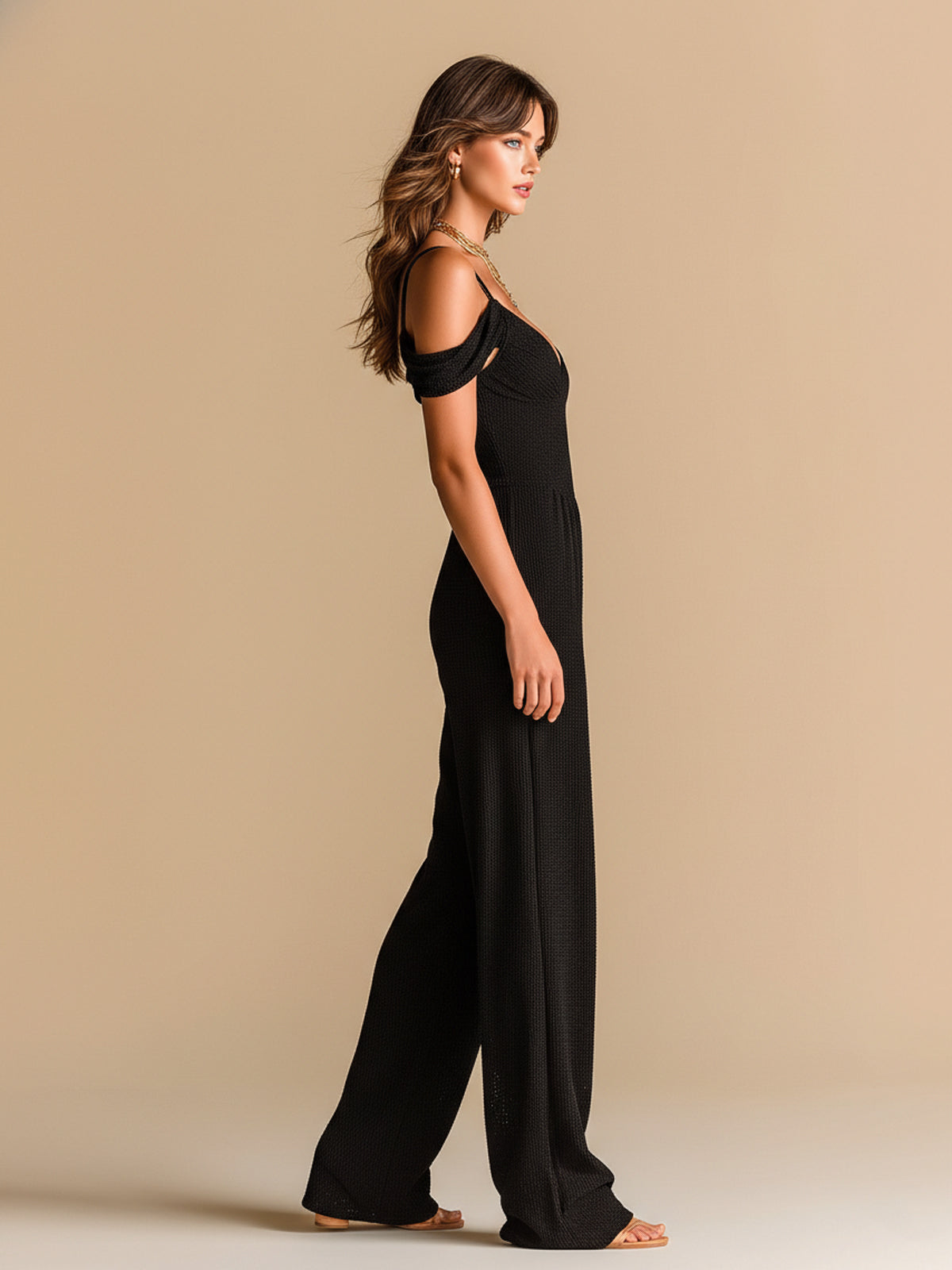 Chic Elegant Black Off-The-Shoulder Strappy V-Neck Short-Sleeve Tailored Waist Wide-Leg Knit Jumpsuit