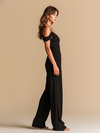 Chic Elegant Black Off-The-Shoulder Strappy V-Neck Short-Sleeve Tailored Waist Wide-Leg Knit Jumpsuit