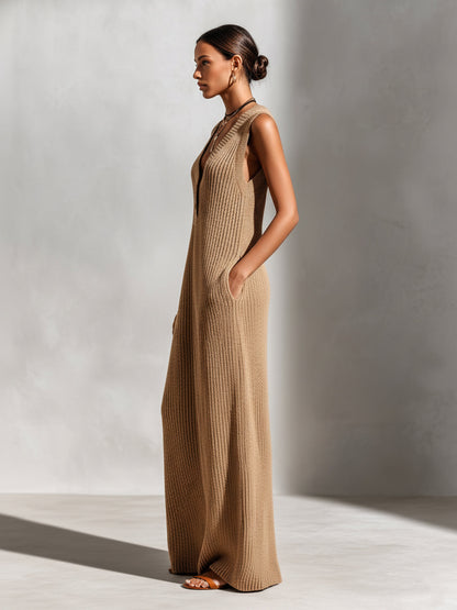 Chic Elegant Camel V-Neck Button-Front Sleeveless Loose-Fit Ribbed Knit Maxi Dress