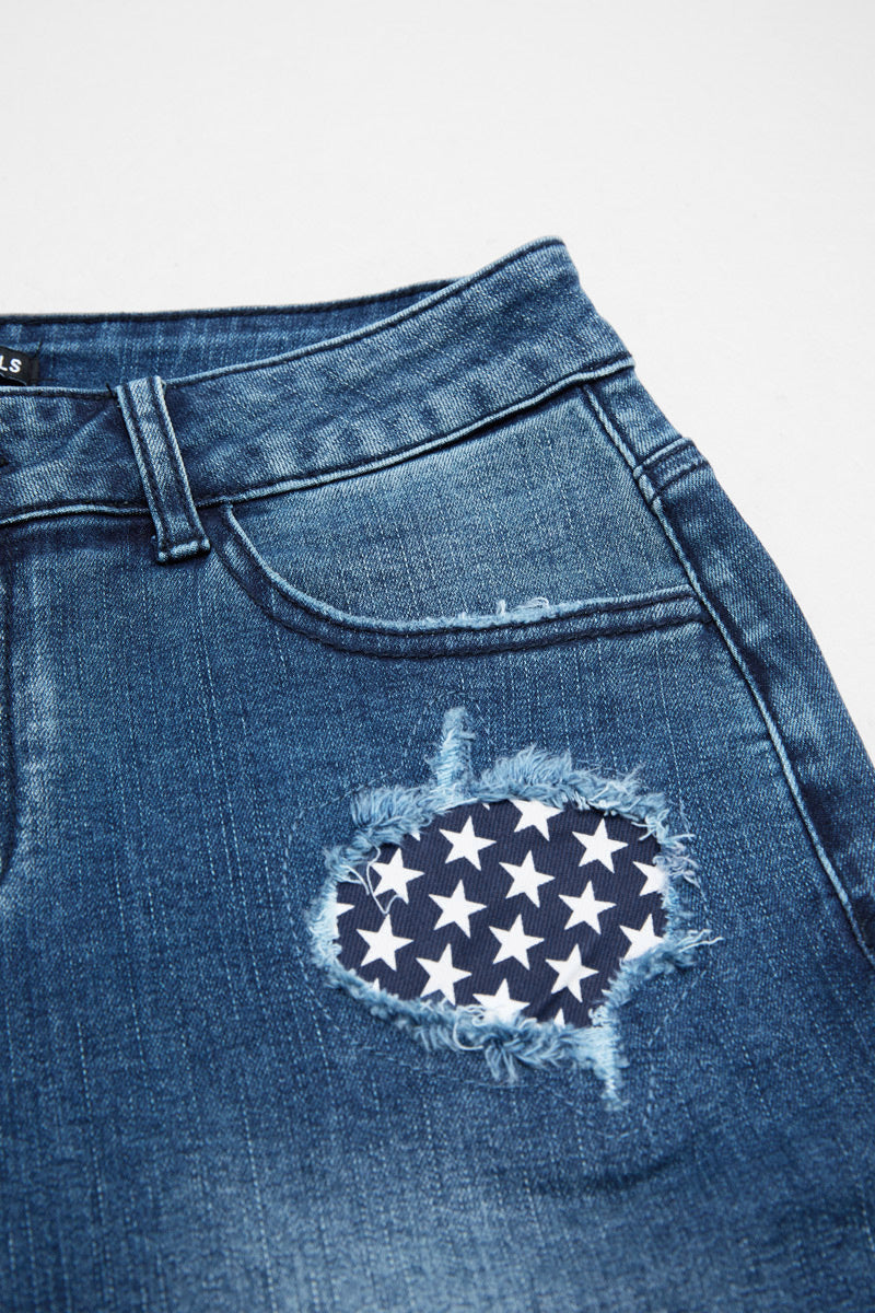 Wash American Flag Pattern Ripped Raw Hem Mid Rise Capri Skinny Jeans