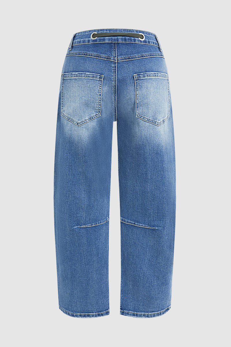 Drawstring Patch Pocket Mid Waist Barrel Leg Jeans