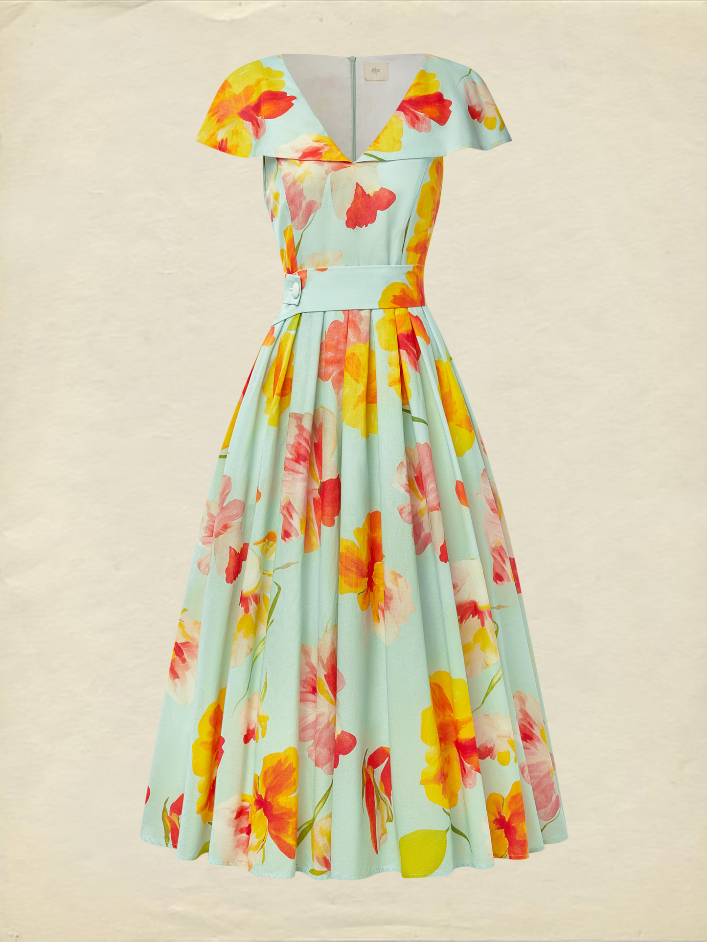 Robe Midi en Lin, Manches Courtes, Col V, Florale, Poches, Vacances, Vintage, Vert