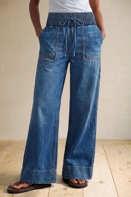 Wash Patch Pocket Tie Front Shirred High Rise Wide Leg Jeans