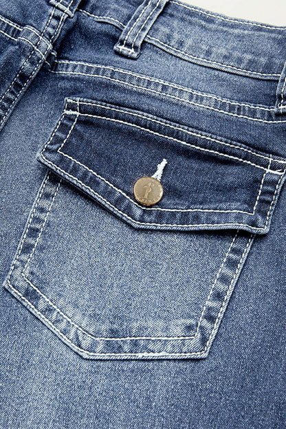 Wash Mid Waist Buttoned Hem Bootcut Jeans Without Belt