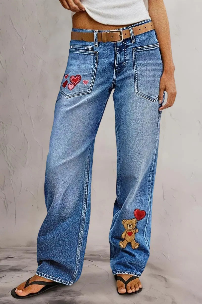 Valentine's Day Pattern Embroidered Patch Pocket Mid Rise Straight Leg Jeans Without Belt