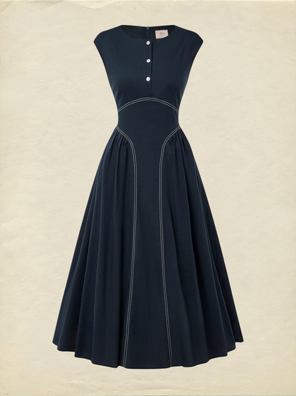 Robe longue en lin, manches courtes, col rond, unie, poches, style vintage français, bleue