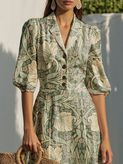 Robe longue en lin, manches courtes, col à revers, motif cachemire, boutonnée, vacances, vintage, verte