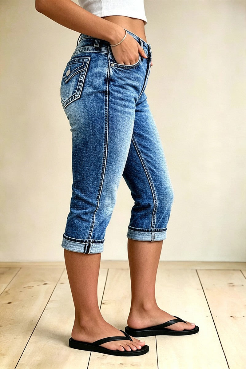 Wash Roll Hem Flap Pocket Mid Waist Straight Leg Capri Jeans