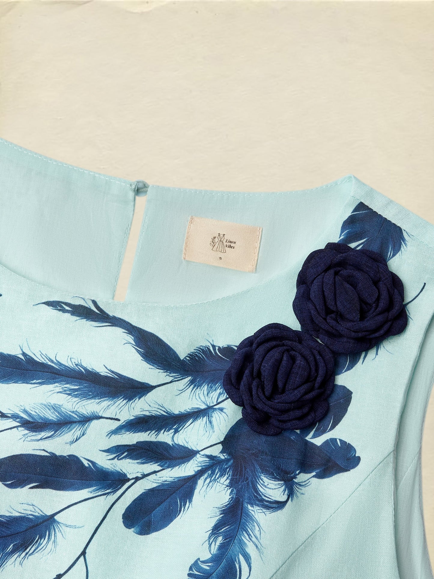 Robe longue en lin, sans manches, col rond, motif plumes, poches, vintage, bleu ciel