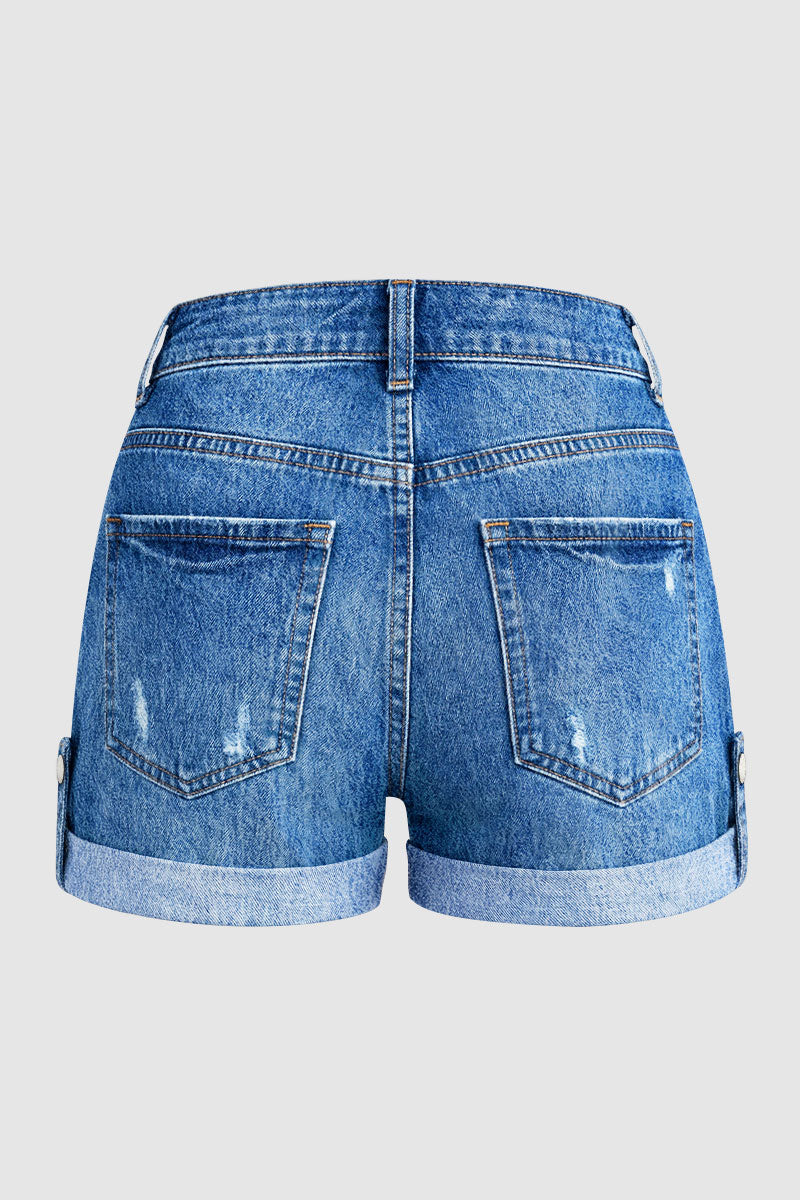 Roll Hem Button Tab Ripped Mid Waist Denim Shorts