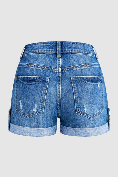 Roll Hem Button Tab Ripped Mid Waist Denim Shorts