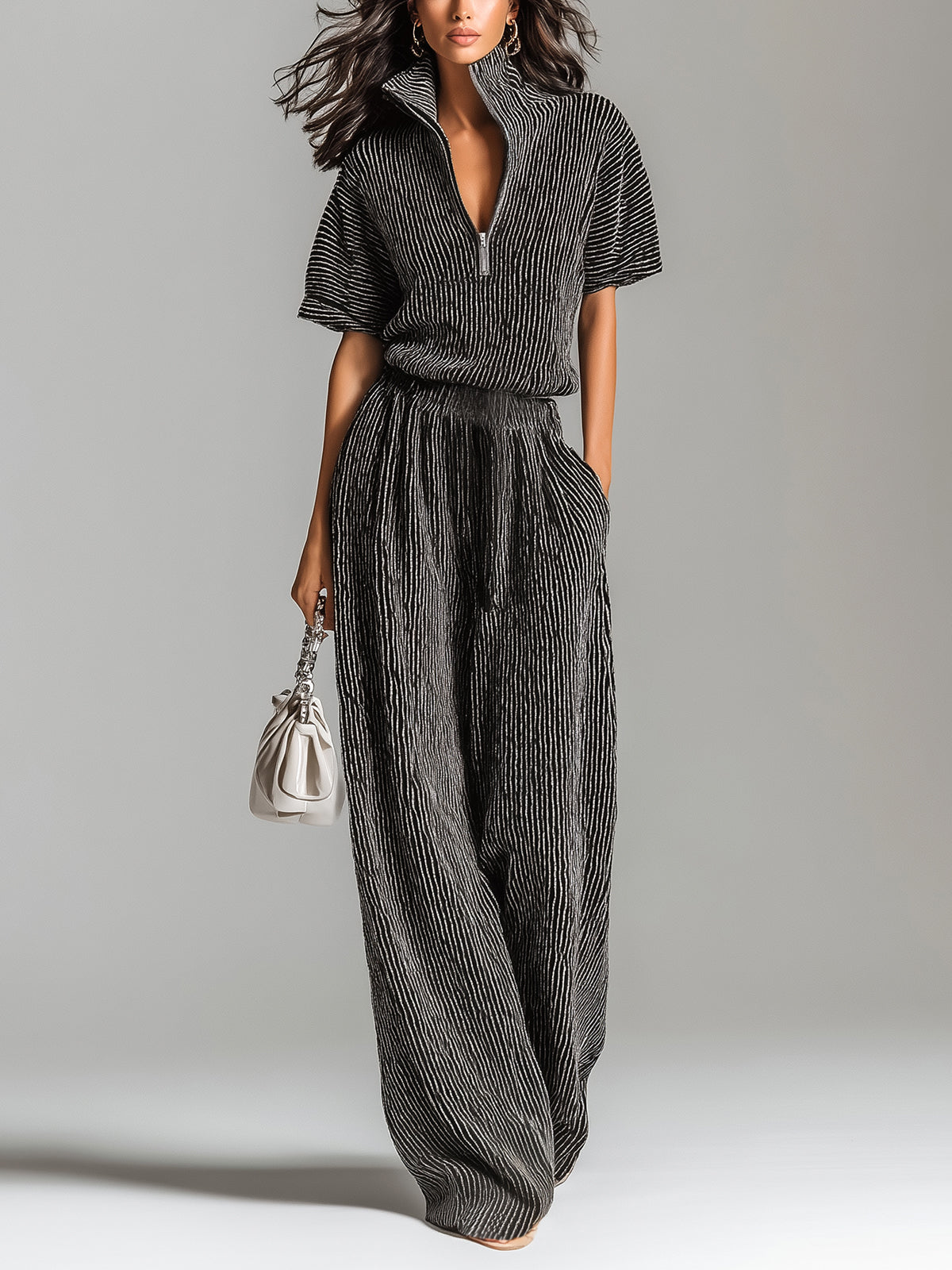 Chic Elegant Black Stripes Zipper-Up Stand Collar Short-Sleeve Loose-Fit Sweater And Wide-Leg Pants Knit Two-Piece Set