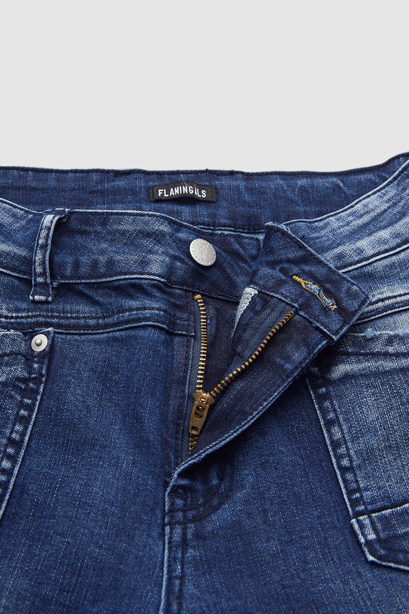 Wash Stitch Detail Flap Pocket High Waist Straight Leg Jeans