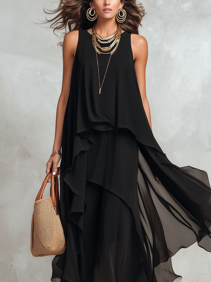 Robe longue bohème noire en mousseline étagée