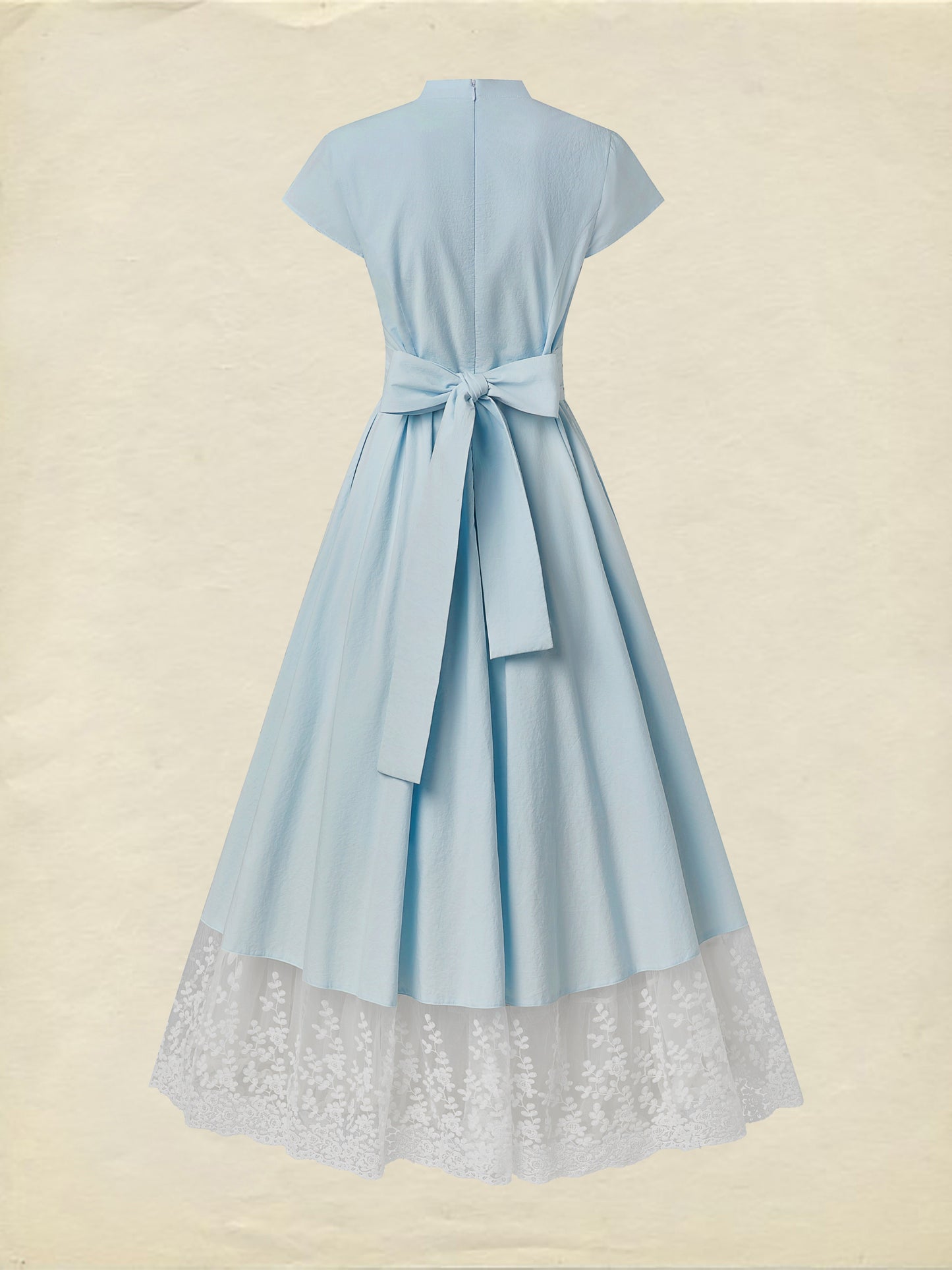 Robe longue en coton, manches courtes, col en V, unie, dentelle, vintage français, bleu aqua