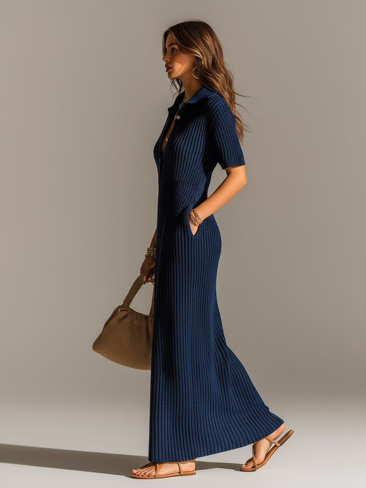 Chic Elegant Navy Blue Lapel Collar Button-Front Short-Sleeve Loose-Fit Ribbed Knit Maxi Dress