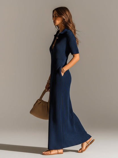 Chic Elegant Navy Blue Lapel Collar Button-Front Short-Sleeve Loose-Fit Ribbed Knit Maxi Dress