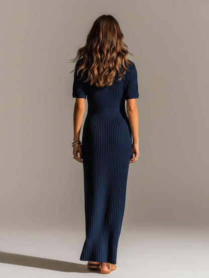 Chic Elegant Navy Blue Lapel Collar Button-Front Short-Sleeve Loose-Fit Ribbed Knit Maxi Dress
