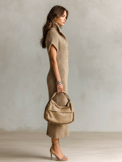 Chic Elegant Camel Lapel Deep V-Neck Short-Sleeve Loose Fit Slit Detail Knit Midi Dress