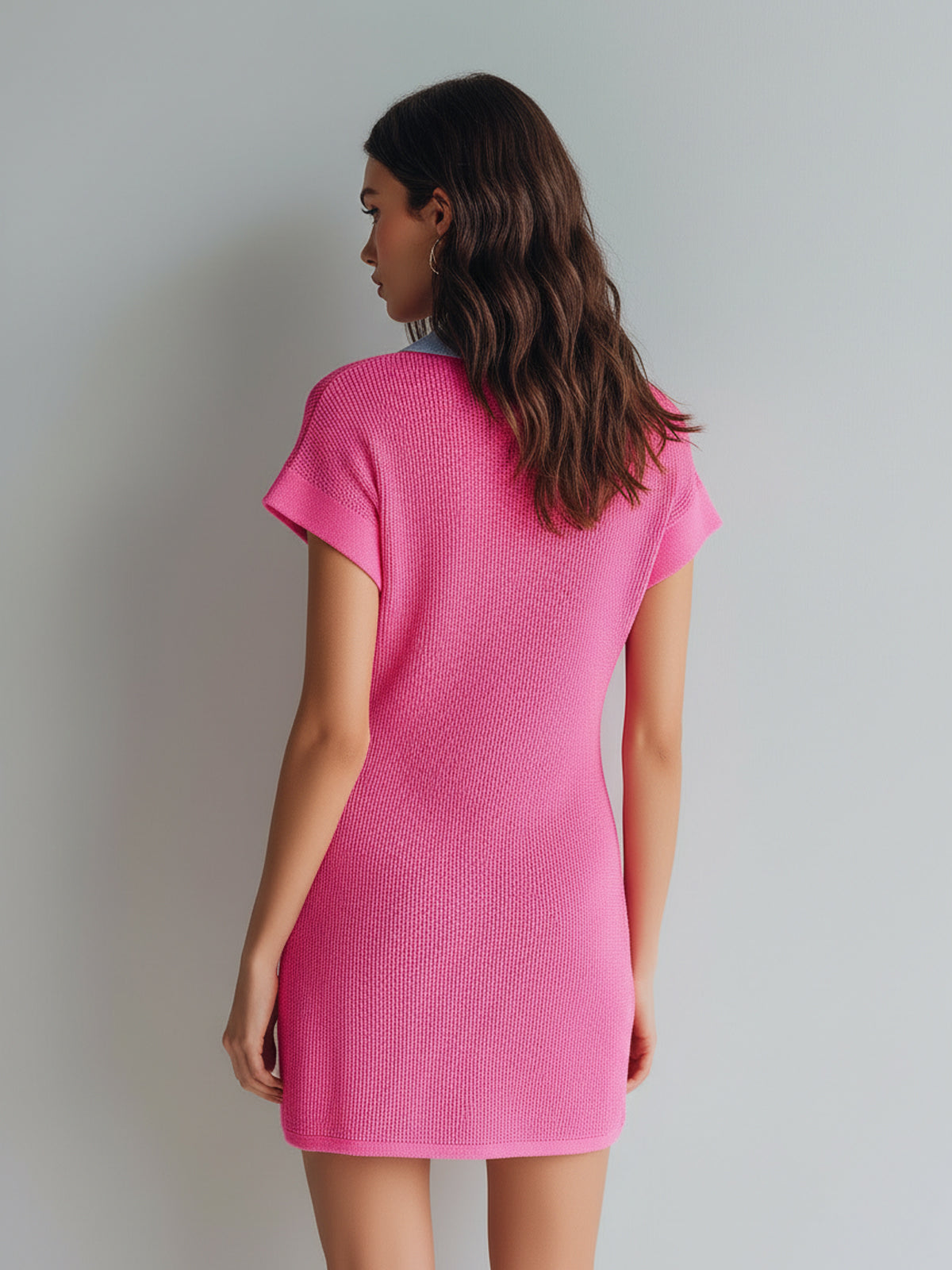 Chic Casual Hot Pink-Blue Colorblock Lapel V-Neck Short-Sleeve Loose-Fit Breathable Knit Mini Dress