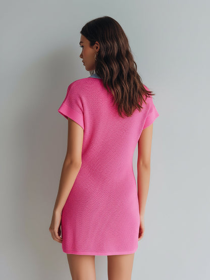 Chic Casual Hot Pink-Blue Colorblock Lapel V-Neck Short-Sleeve Loose-Fit Breathable Knit Mini Dress