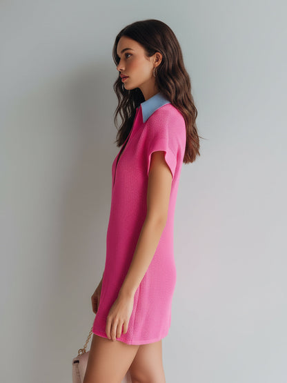 Chic Casual Hot Pink-Blue Colorblock Lapel V-Neck Short-Sleeve Loose-Fit Breathable Knit Mini Dress