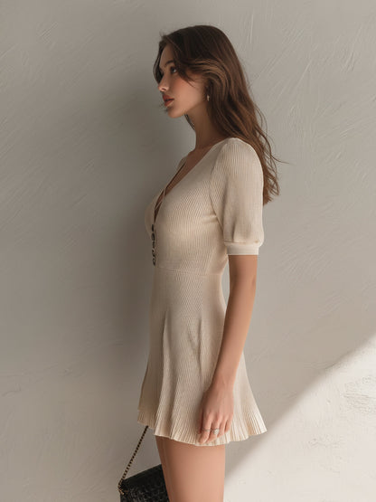 Chic Elegant Beige Deep V-Neck Short-Sleeve Button Front A-Line Knit Mini Dress