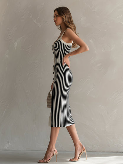 Chic Elegant Cream White-Black Stripes Square Neck Sleeveless Button-Front Slim-Fit Knit Midi Dress
