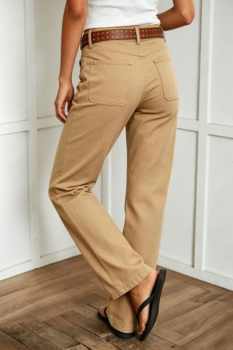 Solid Stitch Detail Mid Waist Bootcut Pants Without Belt