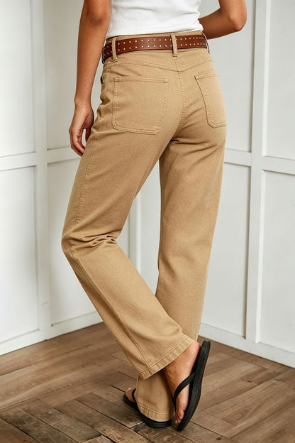 Solid Stitch Detail Mid Waist Bootcut Pants Without Belt