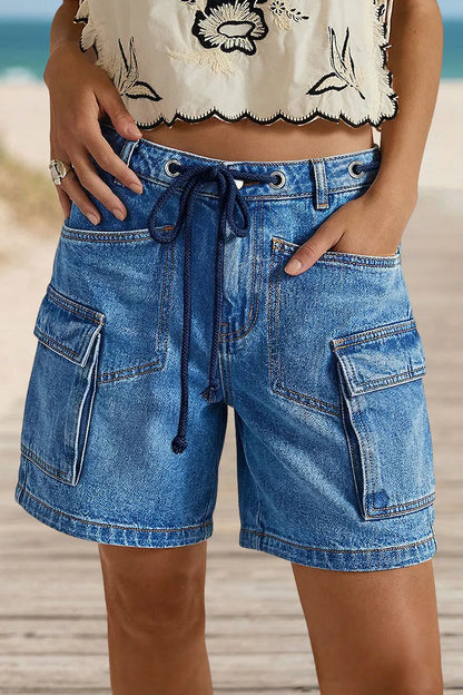 Wash Flap Pocket Drawstring High Rise Mid Thigh Denim Shorts
