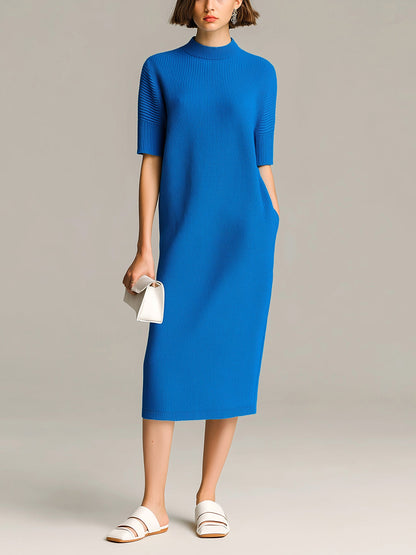Chic Vintage Royal Blue Round Neck Short-Sleeve Loose-Fit Ribbed Knit Midi Dress
